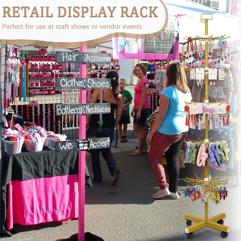 Exttlliy Retail Display Stand 5 Tier Metal Spinning Display Rack with Wheels Keychain Jewelry Stocking Hat Display Stand with Hooks for Malls, Showroom, Retail Store (Gold) - Image 5